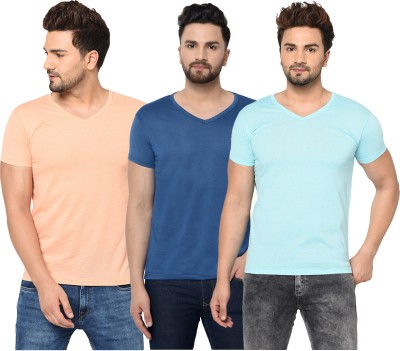 Bribzy Solid Men V Neck Dark Blue, Light Blue, Pink T-Shirt
