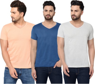 Tivy Solid Men V Neck Dark Blue, Beige, Grey T-Shirt