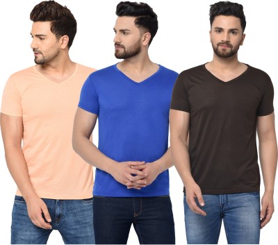 Jaskart Solid Men V Neck Brown, Blue, Orange T-Shirt