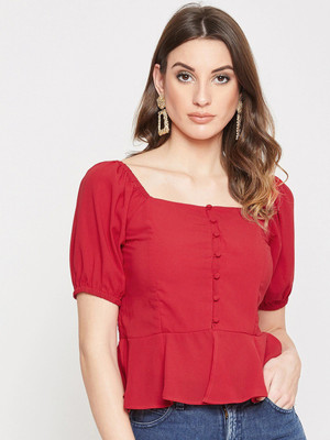 Marie Claire Casual Short Sleeve Solid Women Red Top