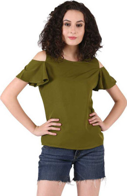 ADDICTED ATTIRE Casual Short Sleeve Solid Women Green Top