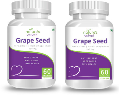 Natures Velvet Lifecare Grape Seed Pure Extract 500 mg, 60 Veggie Capsules - Pack of 2(2 x 60 No)