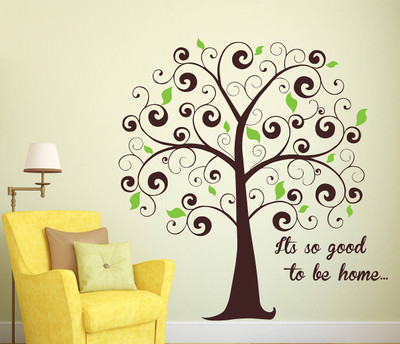 WALLDECORS 89.916 cm TREE WITH DESIGNED COLORFUL LEAVES ITS SO HAPPY TO BE HOME STICKER Self Adhesive Sticker(Pack of 1)