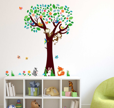 fuzzy 110 cm tree with animals Self Adhesive Sticker(Pack of 1)
