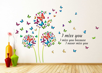 LANSTICK 96.52 cm TREE WITH BUTTERFLIES INSTEAD OF LEAVES WITH I MISS YOU QUOTE STICKER Self Adhesive Sticker(Pack of 1)