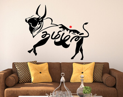 LANSTICK 96.52 cm BULL WITH TAMIL-AN LETTER WITH IMAGE STICKER Self Adhesive Sticker(Pack of 1)