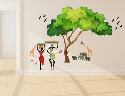 Wallzone 120 cm Green Tree With Elephants Removable Sticker(Pack of 1)