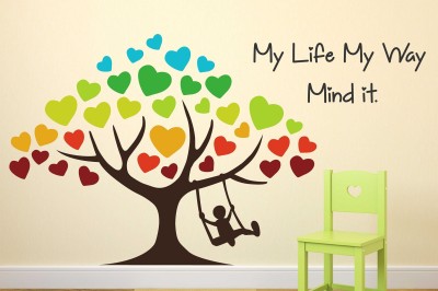 WALLDECORS 81.28 cm TREE WITH COLORFUL HEART AND MY LIFE MY WAY QUOTE STICKER Self Adhesive Sticker(Pack of 1)