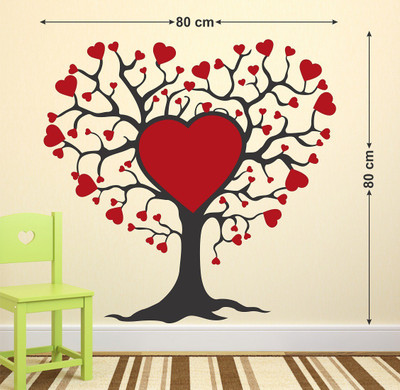 WALLDECORS 81.28 cm TREE WITH RED COLOR HEART STICKER Self Adhesive Sticker(Pack of 1)