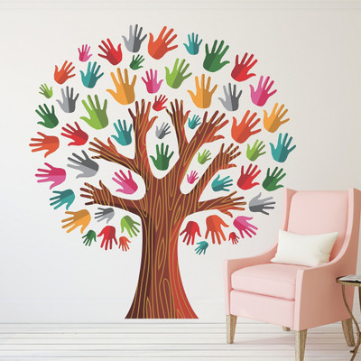 WALLDECORS 91.44 cm TREE WITH DESIGNED COLORFUL HANDS INSTEAD LEAVES STICKER Self Adhesive Sticker(Pack of 1)