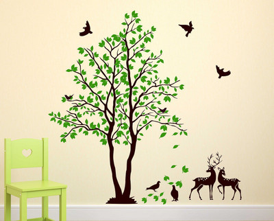 fuzzy 100 cm tree with animals Self Adhesive Sticker(Pack of 1)