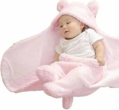 FIRST TREND Printed Crib Hooded Baby Blanket for  Heavy Winter(Fur, Pink)