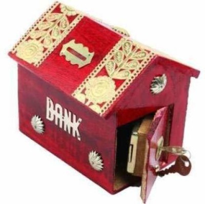 Smarts collection Wooden red colour hut shape coin bank with 1 lock and 2 keys Coin Bank Coin Bank(Red)