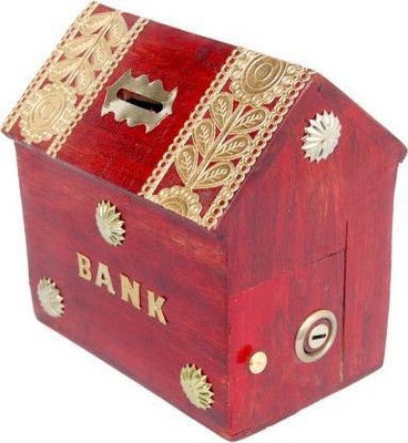 Smarts collection Wooden red colour hut shape coin bank with 1 lock and 2 keys Coin Bank (Black, Gold) Coin Bank(Red)