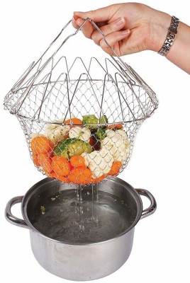 Laxit Enterprise Multi-Purpose Foldable Steam Rinse Strain Fry Chef Basket, Deep Frying Basket ( 6 Inches Height) ( Silver ) Collapsible Deep Frying Basket(Silver Pack of 1)