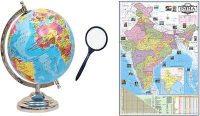 GeoKraft COMBO (3 IN 1) 8 INCH Laminated Globe Chrome Arc Base with MAGNIFYING GLASS and INDIA POLITICAL WALL CHART Desk and Table top Political World Globe(Medium Blue)