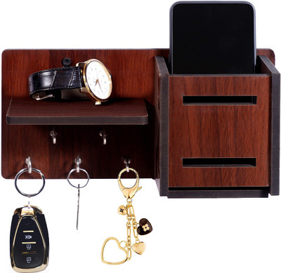 POCKESTER Modern Style Wood Key Holder(5 Hooks, Brown)