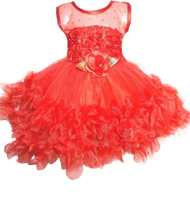 DLF COLLECTION Baby Girls Midi/Knee Length Festive/Wedding Dress(Red, Sleeveless)