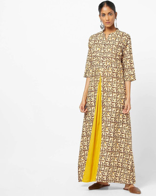 Stylum Women Printed A-line Kurta(Brown, Beige, Yellow)