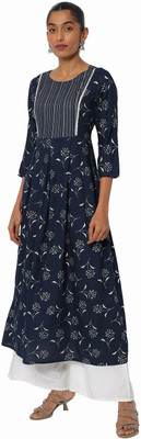 Stylum Women Striped, Embellished, Floral Print A-line Kurta(Silver, Dark Blue, White)