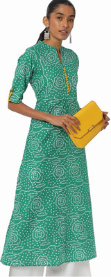 Stylum Women Bandhani Flared Kurta(Green, White)