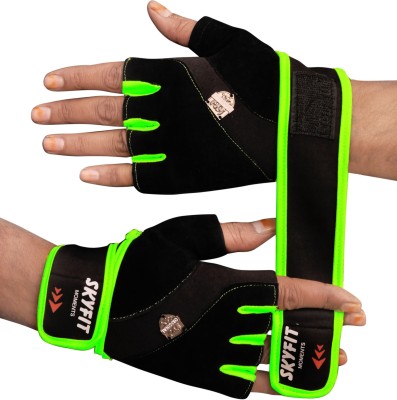 SKYFIT Comfortable Dryfit Leather Padded Gym Sports Gloves For Men And Women Gym & Fitness Gloves(Black, Parrot Green)