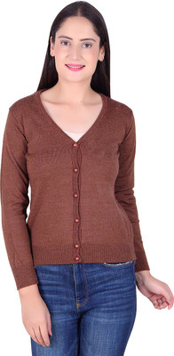 Ogarti Solid V Neck Casual Women Brown Sweater