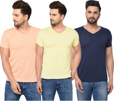 Bribzy Solid Men V Neck Dark Blue, Orange, Yellow T-Shirt