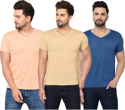 Jaskart Solid Men V Neck Dark Blue, Orange, Beige T-Shirt