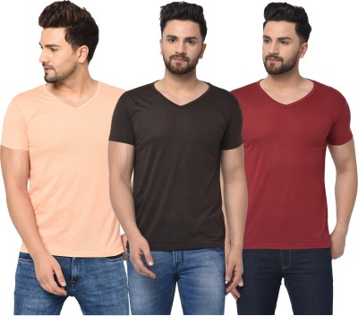 Jaskart Solid Men V Neck Brown, Maroon, Orange T-Shirt