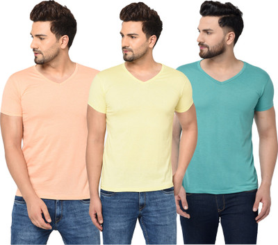 Bribzy Solid Men V Neck Light Blue, Beige, Yellow T-Shirt