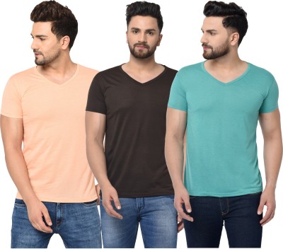 Bribzy Solid Men V Neck Brown, Blue, Beige T-Shirt