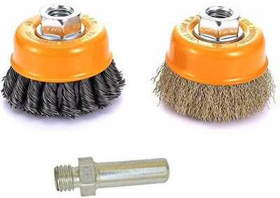 Inditrust 2PCs Combo Brass Wire & Twisted Wire M10 Thread Cup Brush Wheel Brush With M10 Drill Adapter Block Brush(Pack of 3)