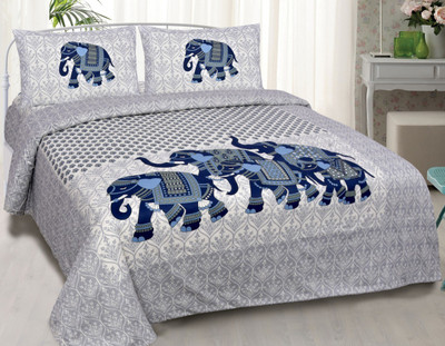 Chiraiyaa 120 TC Cotton Double, King Jaipuri Prints Flat Bedsheet(Pack of 1, Blue, Grey)