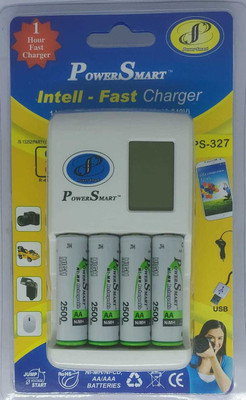 Power Smart PS 327 AA-AAA NiCd-NiMH 1 Hour LCD Fast Auto Cut Off Charger With Mobile Usb Charging Option With 2500 mAh 4 Cells Ready To Use Battery Camera Battery Charger Camera Battery Charger(White) Power Smart PS 327 AA-AAA NiCd-NiMH 1 Hour LCD Fast Auto Cut Off Charger With Mobile Usb Charging Option With 2500 mAh 4 Cells Ready To Use Battery Camera Battery Charger Camera Battery Charger(White)