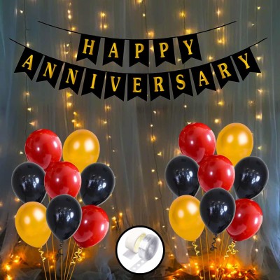 Magic Balloons Solid Anniversary Decorations for Home Kit With Happy Anniversary Banner, Metallic Balloons 1set LED Lights Combo 54Pcs for 1st, 25th,50th Wedding Party Decoration Balloon(Gold, Black, Yellow, Pack of 54)