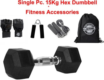 L'AVENIR Combo of Single Piece (15kg * 1pc.) Rubber Coated HEX Dumbbell with Accessories Fixed Weight Dumbbell(15 kg)