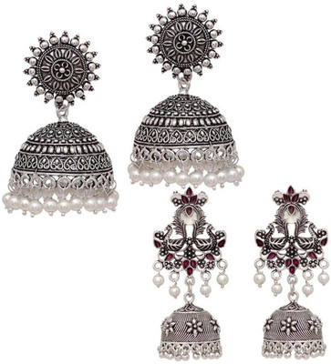 V L IMPEX Sun Shape Love Peacock Oxidised Silver With Meena Work Combo Earring (VLCB24RNI) Brass Jhumki Earring