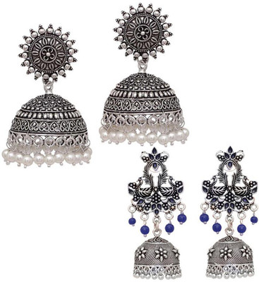 V L IMPEX Shape Love Peacock Oxidised Silver With Meena Work Combo Earring (VLCB24BLU) Brass Jhumki Earring