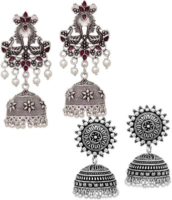 V L IMPEX Love Peacock Sun Shape Top Oxidized Silver With Meena Work Combo Earring For Women (VLCB26RNI) Brass Jhumki Earring