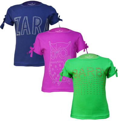 Just Live Fashion Girls Self Design Pure Cotton Regular T Shirt(Multicolor, Pack of 3)