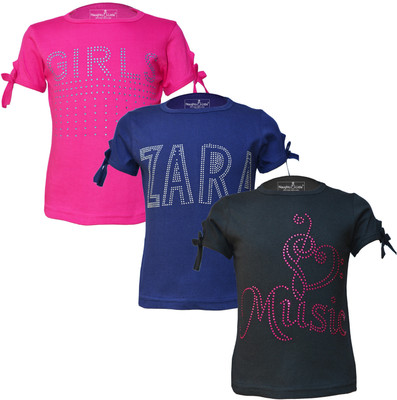 Just Live Fashion Girls Printed Pure Cotton Regular T Shirt(Black, Pack of 3)