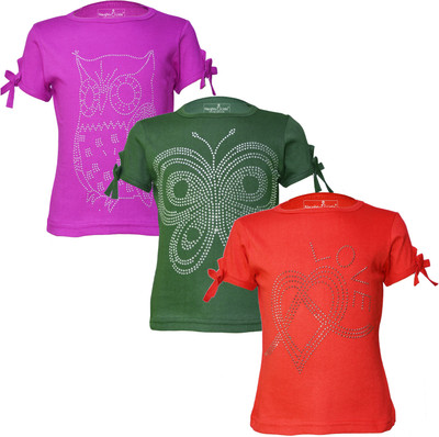 Just Live Fashion Girls Solid, Polka Print, Printed Pure Cotton Regular T Shirt(Multicolor, Pack of 3)