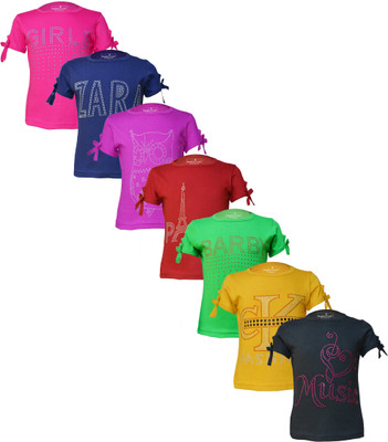 Naughty Little Girls Self Design, Printed Cotton Blend Regular T Shirt(Black, Pack of 7)