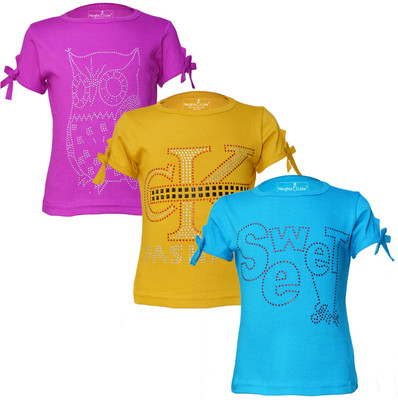 Naughty Little Girls Self Design, Printed Cotton Blend Regular T Shirt(Multicolor, Pack of 3)