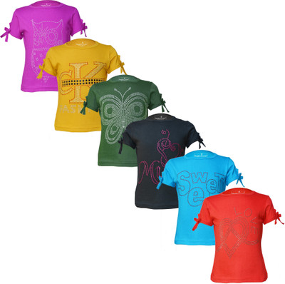 Naughty Little Girls Self Design, Printed Cotton Blend Regular T Shirt(Red, Pack of 6)