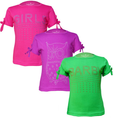 Just Live Fashion Girls Self Design Pure Cotton Regular T Shirt(Multicolor, Pack of 3)