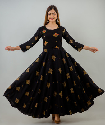 Lee Moda Women Printed Flared Kurta(Black)