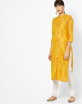 Stylum Women Printed Straight Kurta(Yellow)