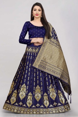 Divastri Self Design Semi Stitched Lehenga Choli(White, Dark Blue)